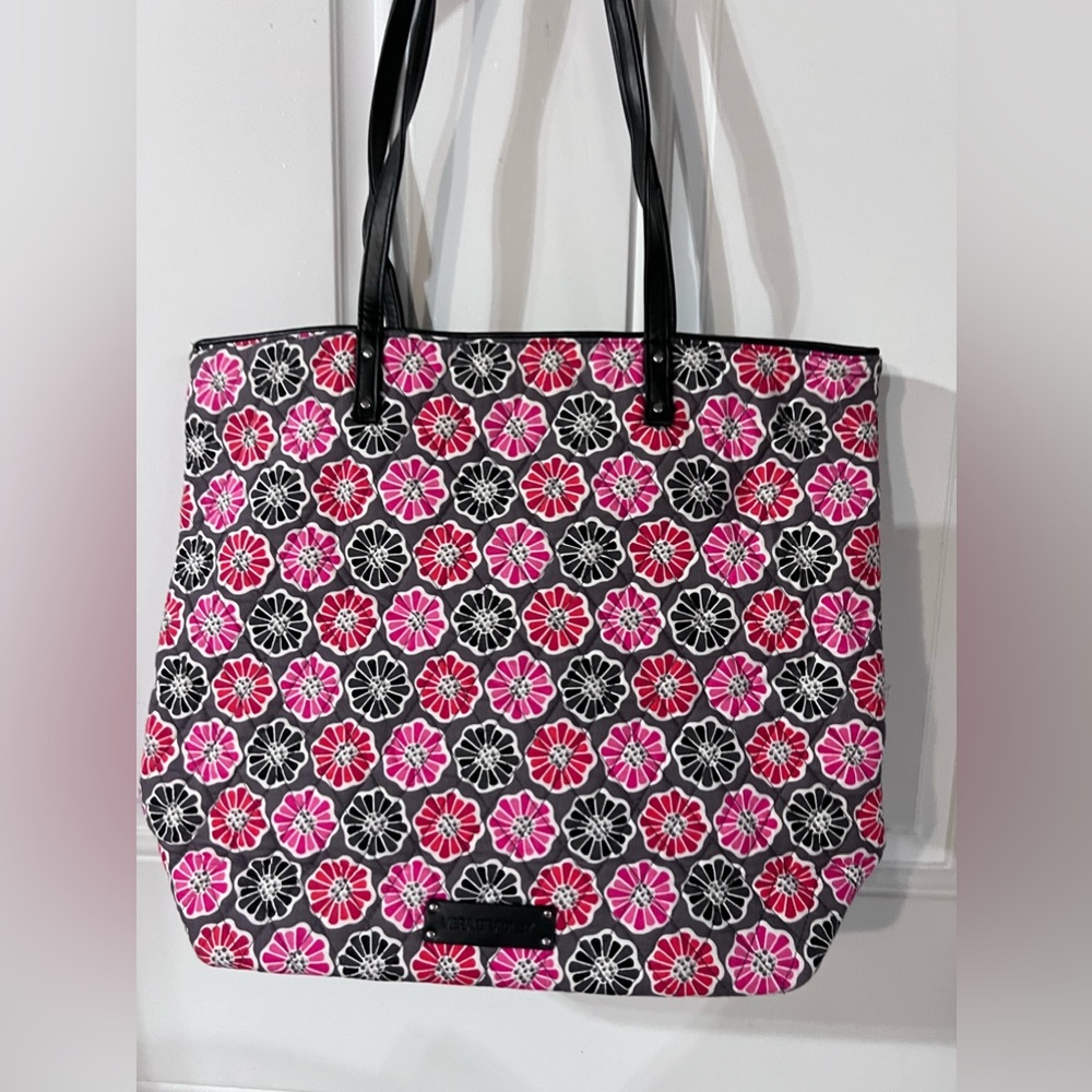 Vera Bradley tote with leather, like straps, red, pink, and black, EUC